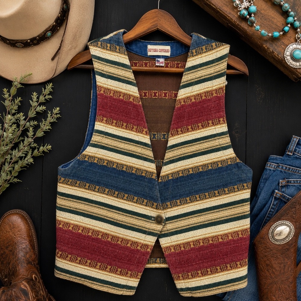 Vintage boho southwestern Aztec cowgirl tapestry Vest women's L USA made

 Boho